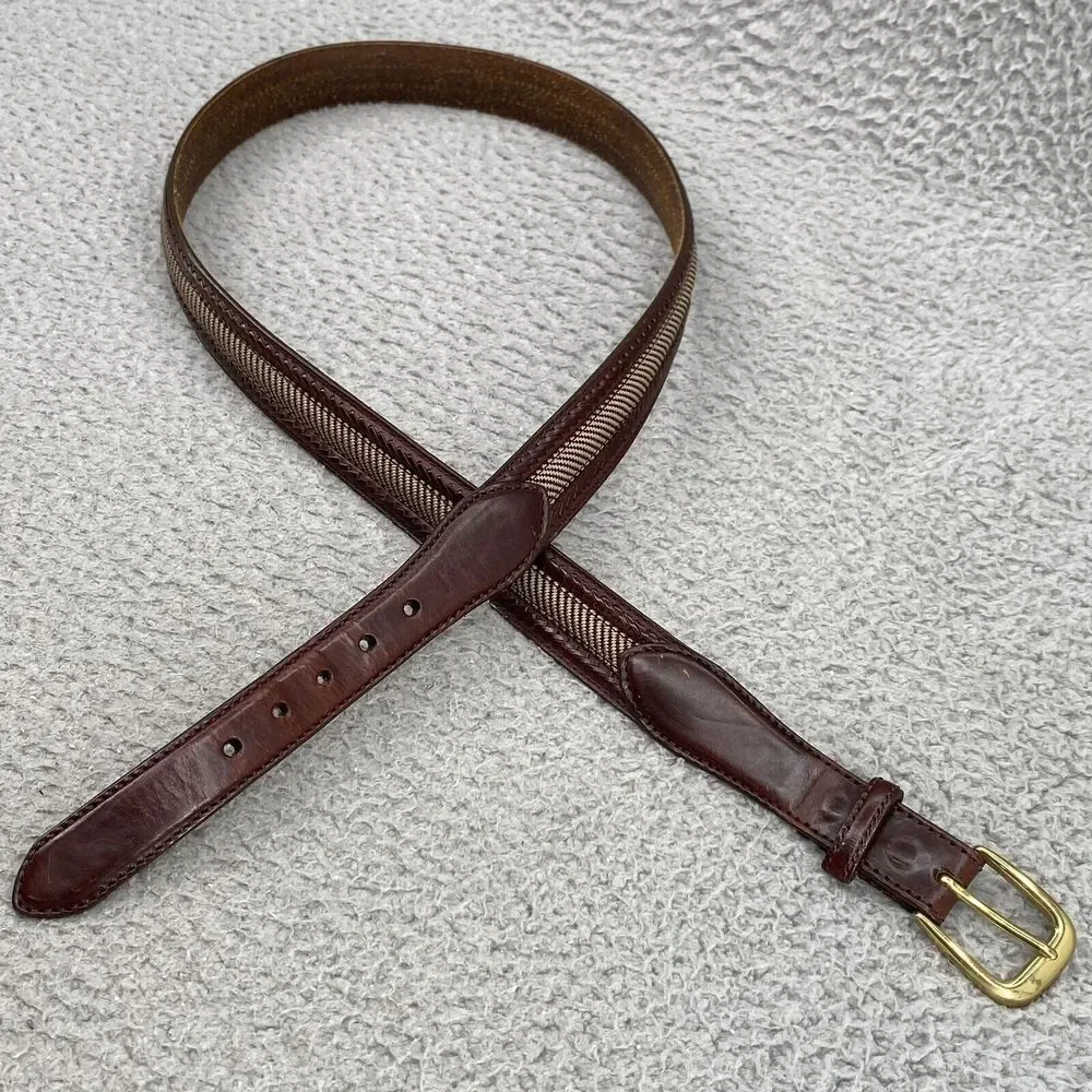 Brighton Leather Camden Canvas Belt Men Brown Size 42 Knit Brass Buckle Corpcore